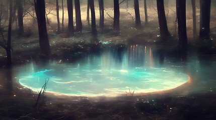 Obraz premium Mystical glowing pond in a foggy forest.