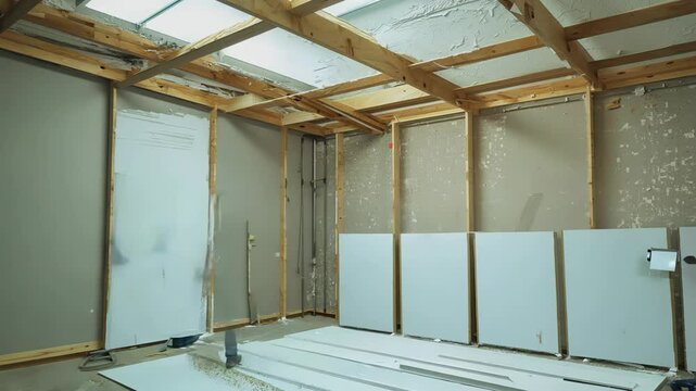 Drywall installation time lapse with measuring, cutting, and rapid plastering in a wooden frame structure