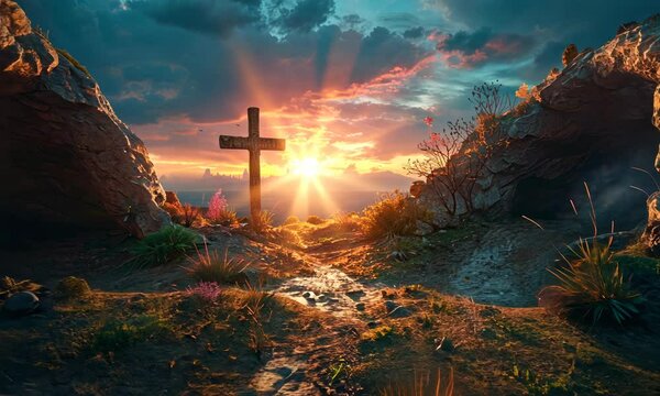 easter religion,jesus christ cross easter resurrection concept christian cross Tomb Empty With Shroud And Crucifixion At Sunrise - Resurrection Of Jesus Christ