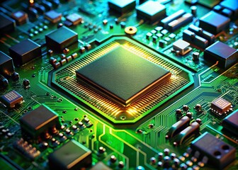 Microscopic Detail: Close-up of Computer Chip on Circuit Board