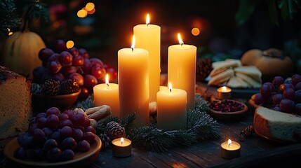 A festive dining table is illuminated by the warm glow of a silver menorah holding nine lit candles,