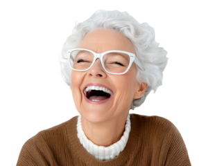 Joyful elderly woman with curly white hair and glasses laughing against a transparent background