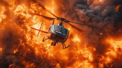 Helicopter hovering over flames and explosions in dynamic action scene