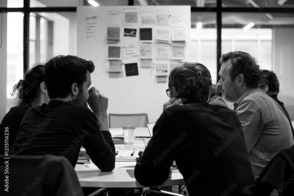 Poster group of four men engaged in brainstorming session around a table with laptops in a modern workspace