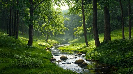 Obraz premium Serene Forest Stream With Sunlight Filtering Through Trees