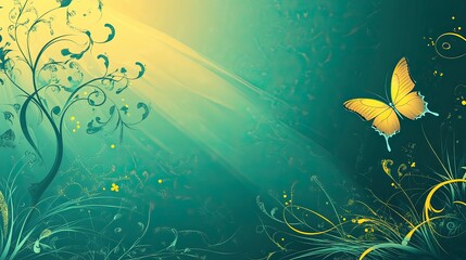 Yellow butterfly, sunlit fantasy garden, teal background, desktop wallpaper
