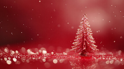 Christmas background with xmas tree and sparkle bokeh lights on red canvas background. Merry christmas card. Winter holiday theme. Happy New Year. Space for text