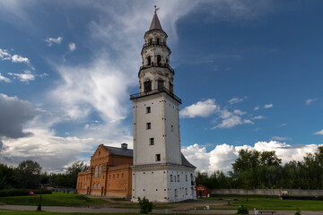 Nevyansk's Leaning Tower and the church, Russia. Built in the 18th century, The height is 57.5 metres. Deviationfrom the vertical - about 1.85 metres