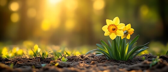 Two daffodils in sunset.
