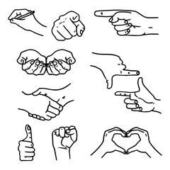 Hand-Drawn Gesture Icons – Line Art Hands in Various Gestures and Poses