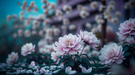 Blurred fabulous white blossom flowers at turquoise background
