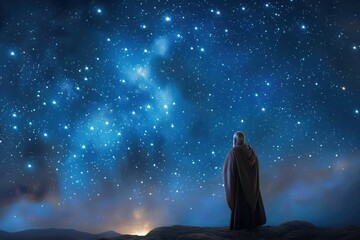 Abraham stands in a desert under a star-filled sky, symbolizing faith, divine promise, and his connection to God.  .