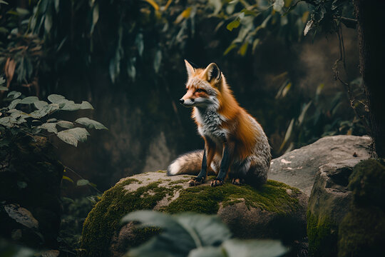 Red fox sitting on moss-covered rocks in a serene forest, highlighting the elegance and importance of wildlife protection