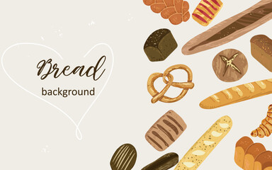 Modern background with fresh baked bread. Whole grain, rice, and wheat bread, ciabatta, baguette. Vintage style textured illustration. Vector design template for ads, banner, cover, label, poster.