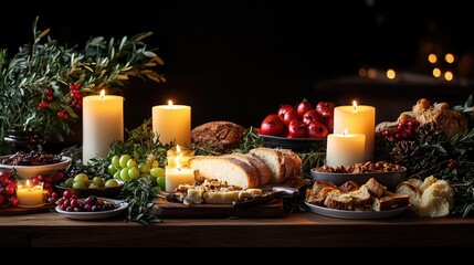 A festive dining table is illuminated by the warm glow of a silver menorah holding nine lit candles,