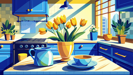 A sunny kitchen with yellow tulips in a blue and white pot on a marble countertop.