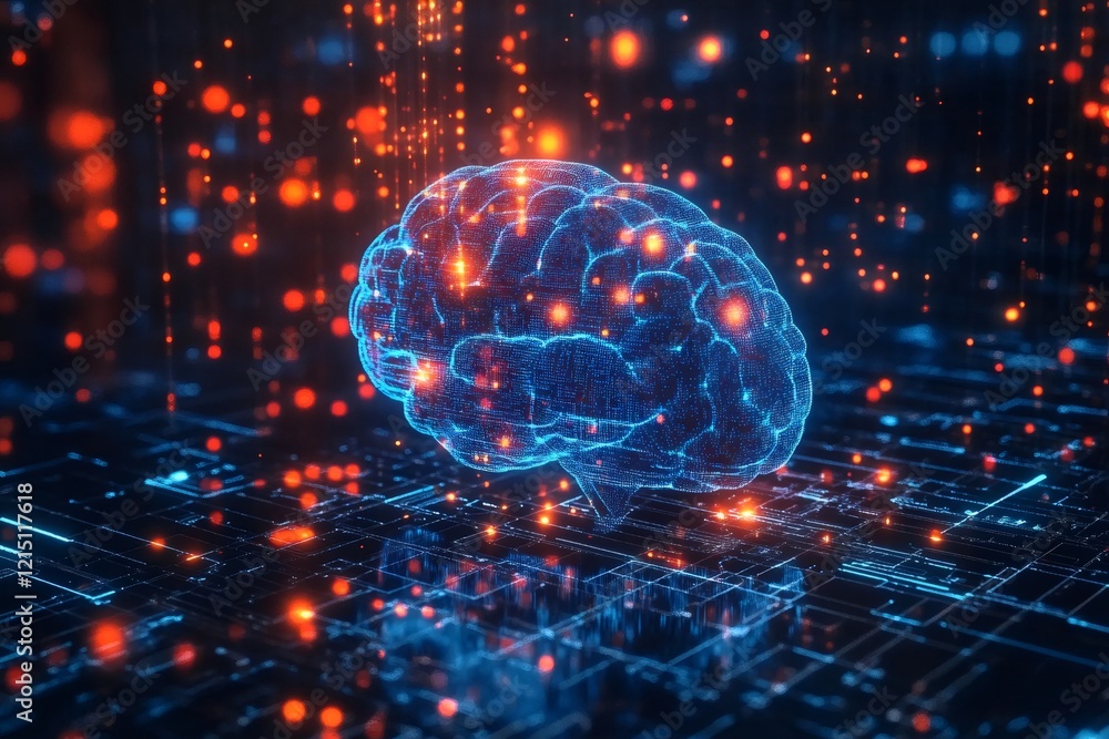 Leinwandbilder Digital brain processing data on futuristic circuit board with glowing particles