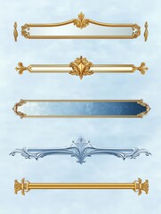 Elegant gold, silver decorative horizontal game ui elements. Set features various levels of ornate borders, frames. From simple to luxurious designs. Curvy rims showcase design evolution. Great for