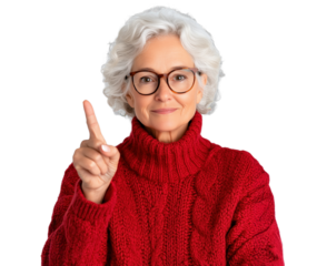 Woman with white hair wearing red sweater gesturing with one finger on transparent background