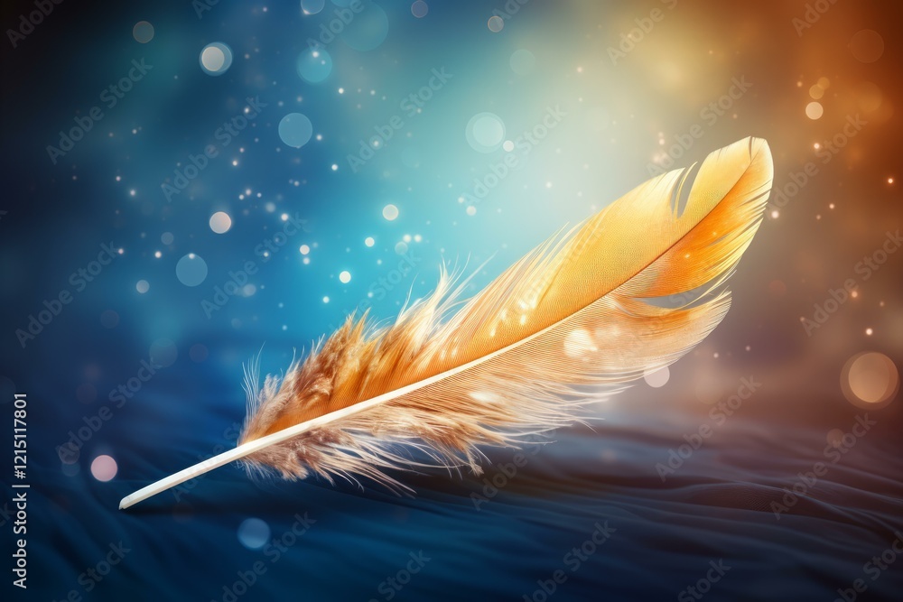 Poster golden feather floats on a magical background with sparkling lights, creating a dreamy and ethereal 