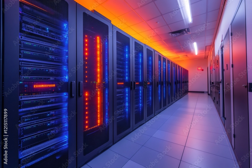 Poster Servers blinking in a modern data center with orange and blue lights