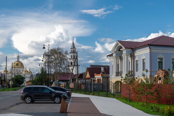 Fototapeta premium Nevyansk, Sverdlovsk region. View of Sovetskaya Street and the House of merchant Dozhdev