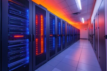 Servers blinking in a modern data center with orange and blue lights