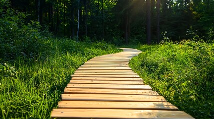 Obraz premium Tranquil Wooden Walkway Through Lush Green Forest Landscape
