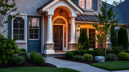 Obraz premium Luxury House Exterior at Dusk: Stunning Brick Home with Landscaped Garden and Elegant Entrance