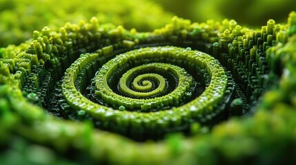 Aerial view of a lush green hedge maze featuring intricate,