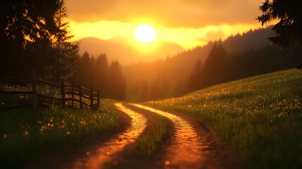 Obraz premium Tranquil Sunset Over Rolling Hills with Dusty Pathway of Light