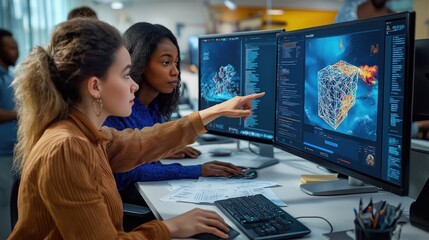 Two diverse tech creators in creative office working on game interface design. One explaining UI elements to. Discuss new design for game level interface. Utilize computer with multiple monitors to