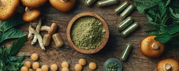 On a wooden table, various natural remedies like kratom powder, mushrooms, and medicinal pills are arranged, showcasing alternative treatment options for wellness