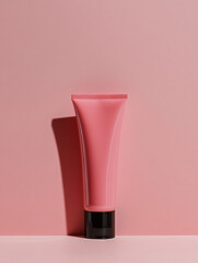 Pink cosmetic tube on a smooth pastel background