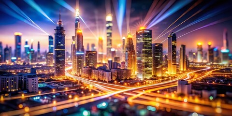 Fototapeta premium Miniature Cityscape: 5G Network Towers & Fast Data Streams - Future Connectivity