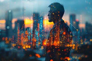 Silhouette of a man with glasses against a glowing cityscape and digital data overlays, symbolizing futuristic innovation