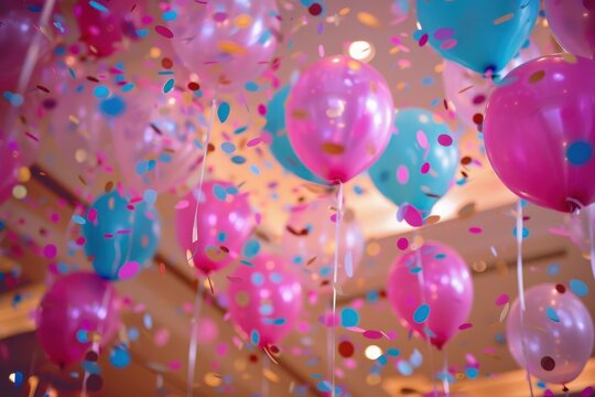 Celebration of joy with colorful balloons and confetti in a vibrant indoor venue during a festive event