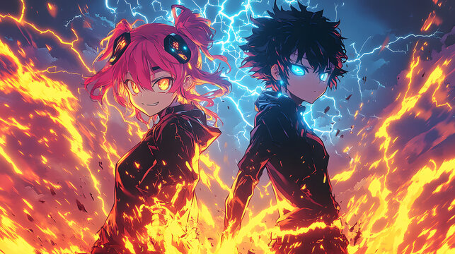 anime characters with fire and lightning powers