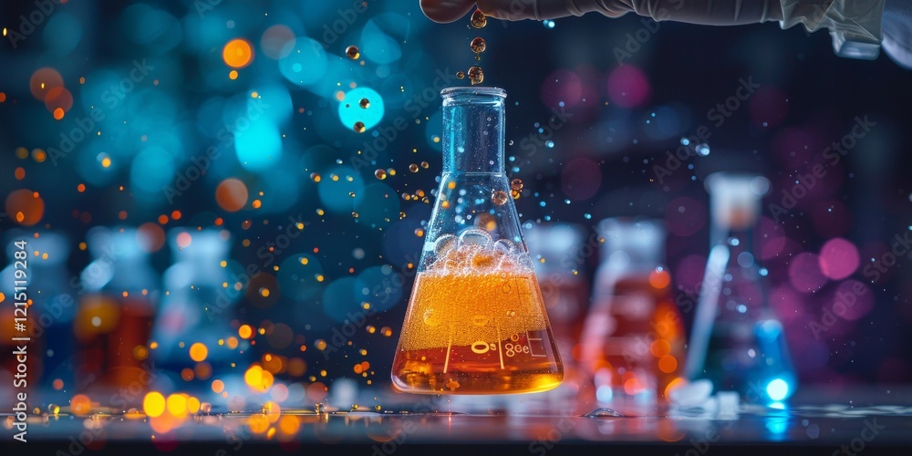Poster close-up of a gloved hand adding drops to an orange liquid in an erlenmeyer flask, with a vibrant ba