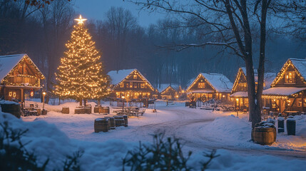 Fototapeta premium Magical Snowy Christmas Village Illuminated Cabins Festive Tree