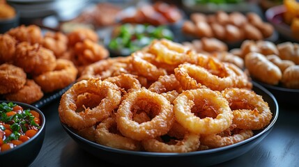 Onion rings presenting with other fried appetizers on a table