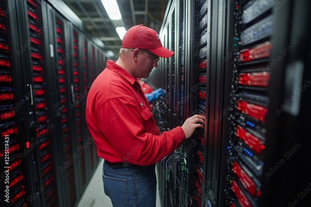 Aufkleber technician checking server hardware in data center