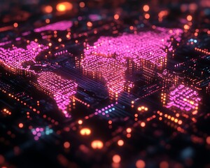 Global network, digital world map on circuit board.