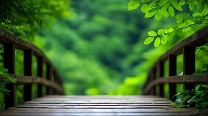 Naklejka premium Serene Wooden Bridge Surrounded by Lush Green Nature Landscape