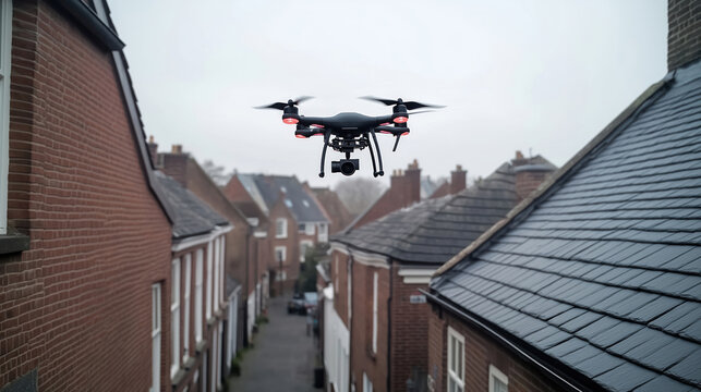 Drone inspects residential roof. Small drone hovers above houses, taking detailed roof photos. Focus on gutters, skylights for potential problems. Inspection tech used for property maintenance.