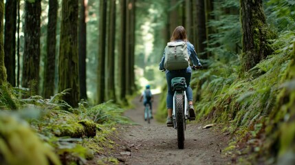 Fototapeta premium Mountain biking adventure in lush forest trails outdoor activity scenic landscape nature exploration