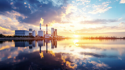 Naklejka premium Industrial-scale energy storage facility beside a coastal city, sunset casting reflections on water