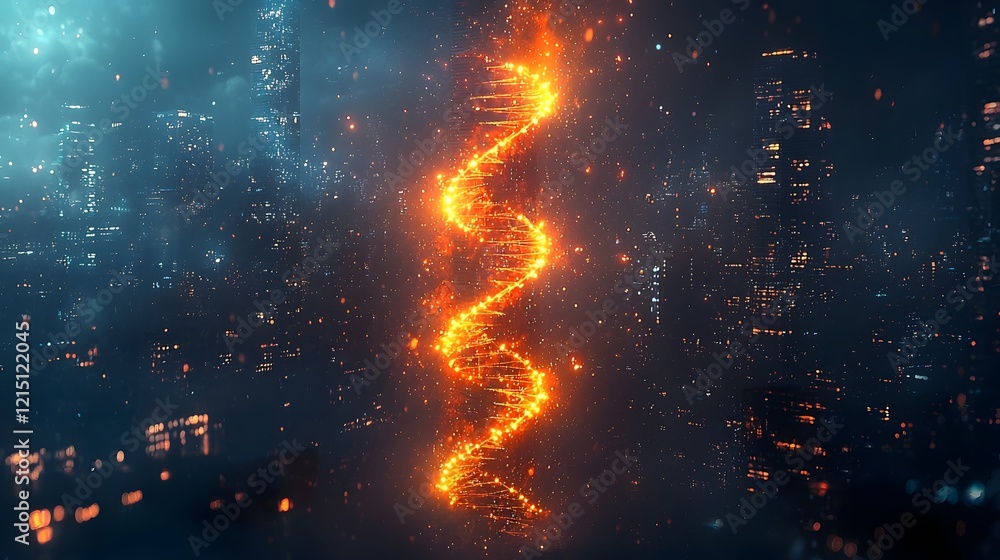 Poster glowing double helix twisting into futuristic skyline representing synthesis of biology and modern d