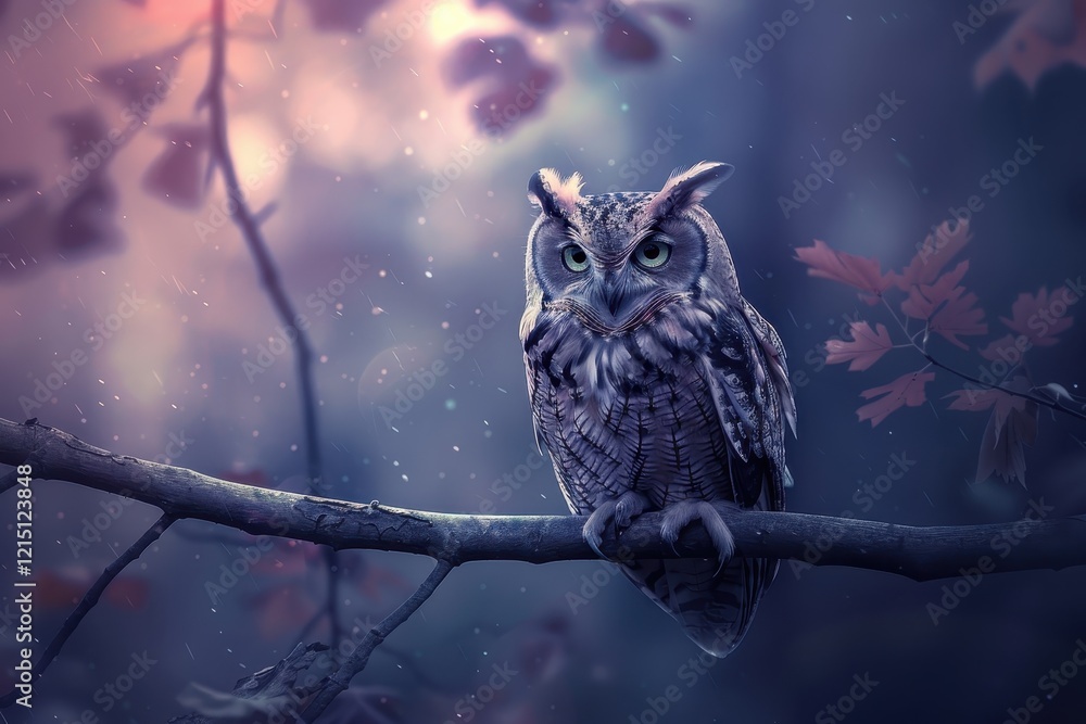 Aufkleber wise owl perched on a branch in a misty forest during twilight, surrounded by fading autumn leaves a