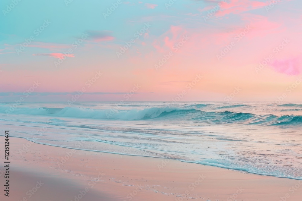 Poster sunset over calm ocean waves at a serene beach with soft pink and blue sky colors during the twiligh